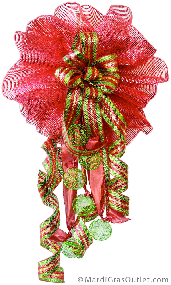 Finished Christmas mesh bow with wire ball and ribbon accents