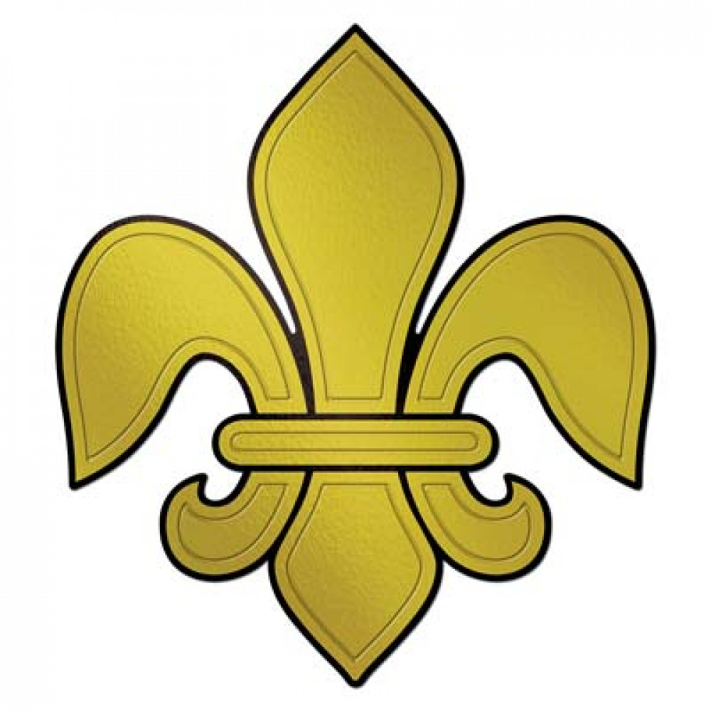 A flat cutout of a fleur de lis, painted in bold black, purple and yellow stripes