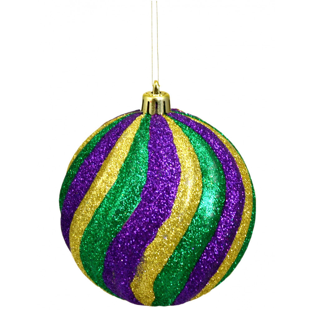 100mm Mardi Gras Wide Swirl Strips Ball Ornament