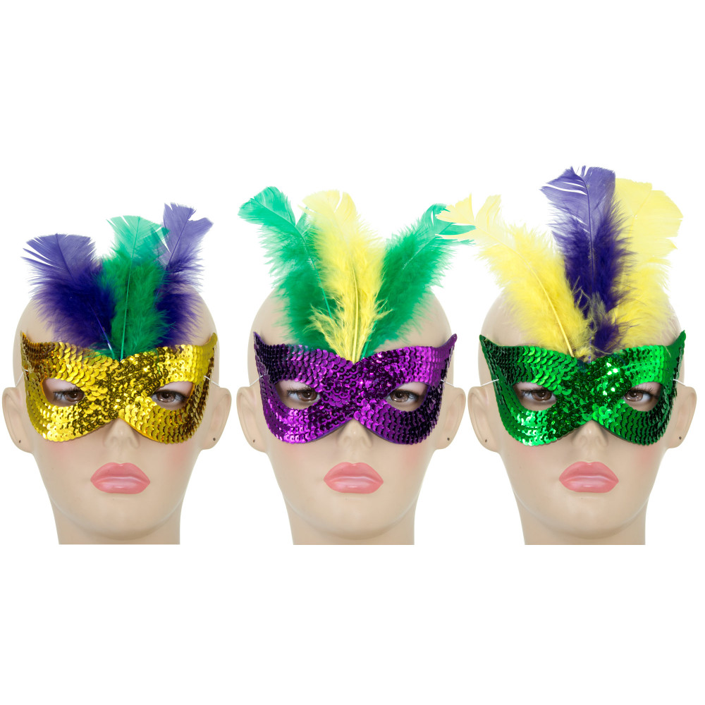 Yellow Feathers with Silver Sequins Around The Eyes (Each) – Mardi
