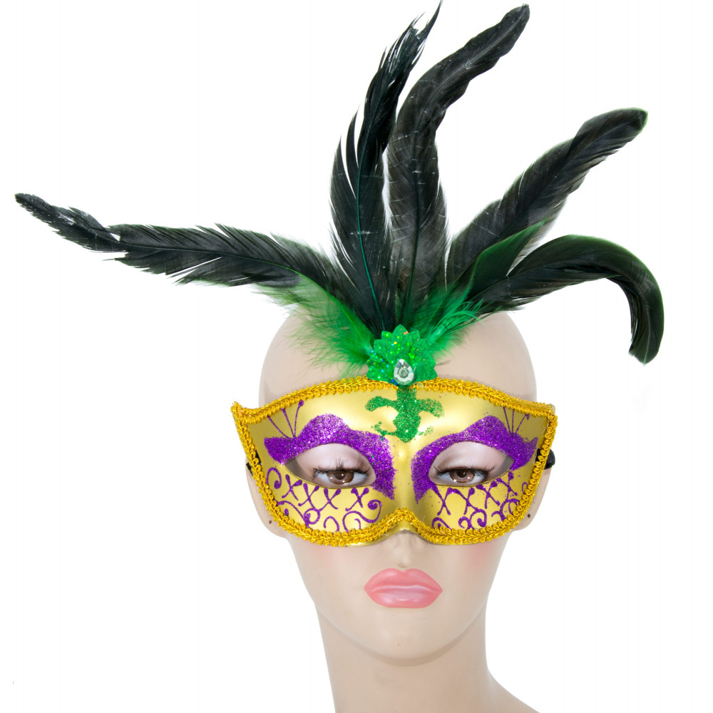 Purple Green Gold Mardi Gras Princess Venetian Masquerade Mask Feathers 