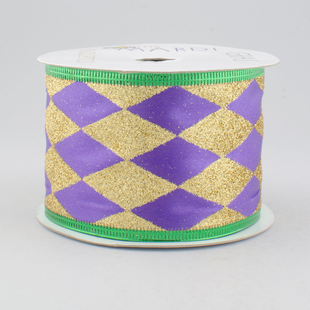 Glitter Harlequin Wired Ribbon, 10 Yards (Mardi Gras, 2.5 Inches)