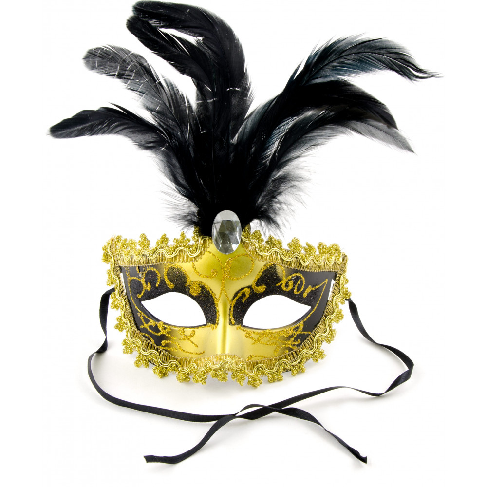 Glitter Mardi Gras Feather Mask Geometric: Gold