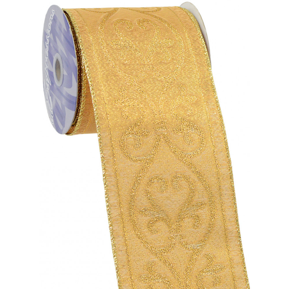 Beige & Gold Scroll Lame Back Wired Craft Ribbon 4 x 20 Yards