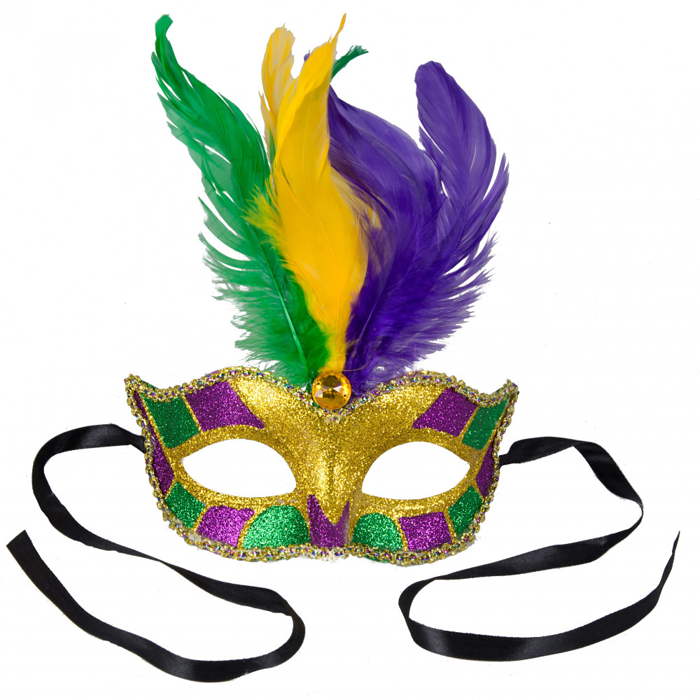 Gold Black Side Feather Glitter & Gold Black Mardi Gras Top Feather Combo  Masks Set