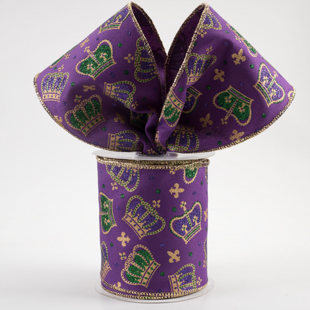 Mardis Gras ribbon in an argyle pattern of green, purple and yellow printed  on 1.5 white grosgrain 10 yards