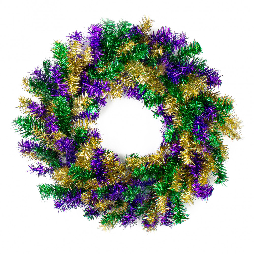 3' Mixed Blend Pine Wreath with Warm White LED Lights and Mardi Gras Themed  Ornaments