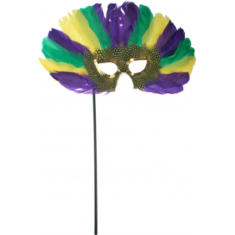 Spotted Mardi Gras Feather Stick Mask