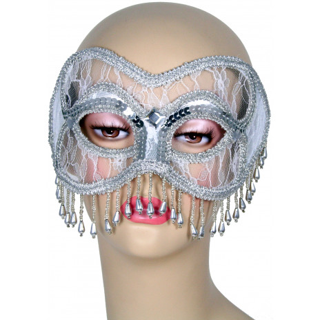 Beaded Lace & Sequin Mask: Silver
