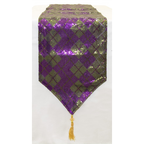 Mardi Gras Sequin Diamond Table Runner: Purple & Green