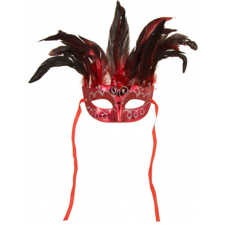 Metallic  Feather Topped Mask: Red