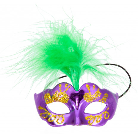Mini Purple Half Face Mask With Green Feathers (Set of 12)