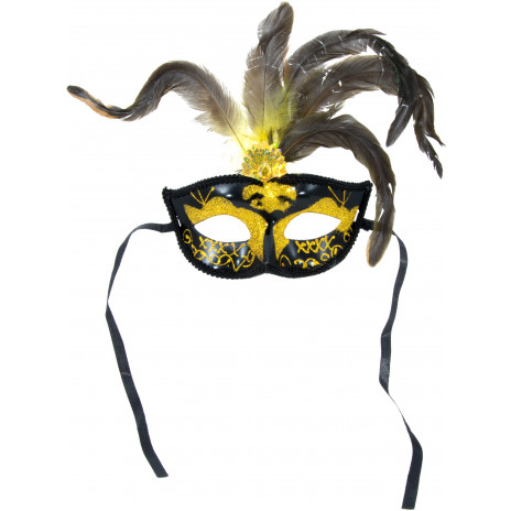 Gold & Black Glitter Fancy Mask With Black Feathers