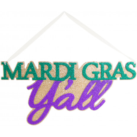 14" Glittered Mardi Gras Y'all Word Sign: Purple, Gold & Green