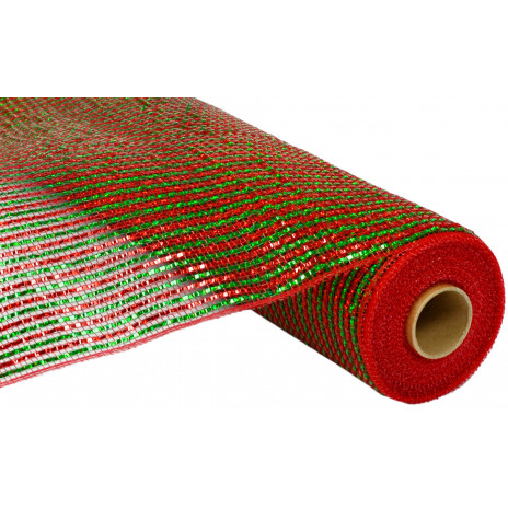 21" Poly Deco Mesh: Deluxe Wide Foil Red/Green Stripe
