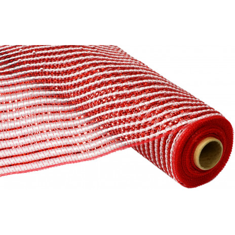 21" Poly Deco Mesh: Deluxe Wide Foil Red/White Stripe