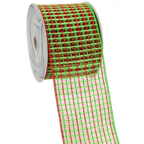4" Basket Weave Mesh Ribbon: Lime/Red Plaid