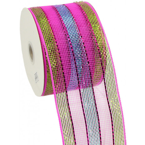 4" Poly Mesh Ribbon: Metallic Pink/Blue/Lime Stripe
