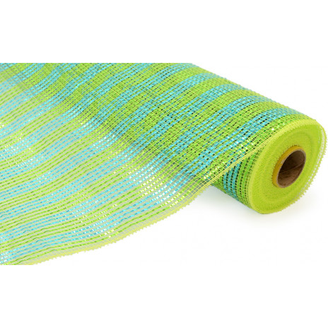 21" Poly Deco Mesh: Deluxe Wide Foil Lime/Turquoise Stripe