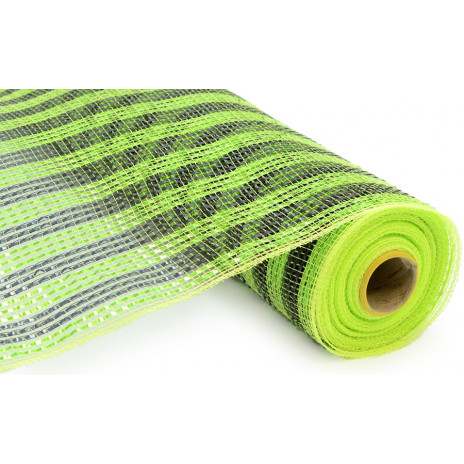 21" Poly Deco Mesh: Deluxe Wide Foil Lime Green/Black Stripe