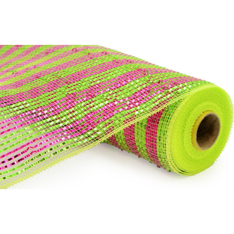 21" Poly Deco Mesh: Deluxe Wide Foil Pink/Green Stripe