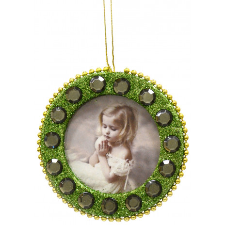 4" Round Jeweled Photo Frame Ornament: Apple Green