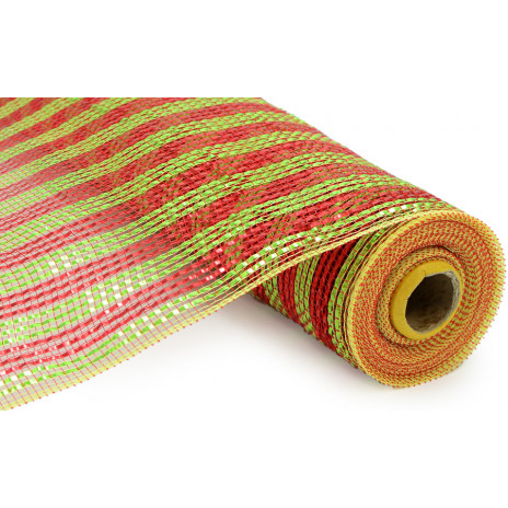 21" Poly Deco Mesh: Deluxe Wide Foil Lime/Red Stripe