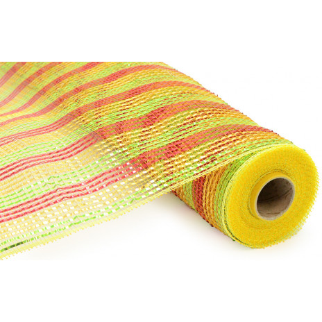 21" Poly Deco Mesh: Deluxe Wide Foil Red/Gold/Lime Stripe