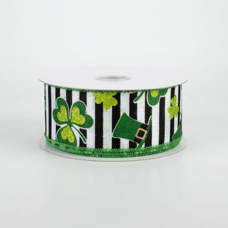 1.5" St. Patrick's Clovers & Hats Stripe Ribbon (10 Yards)