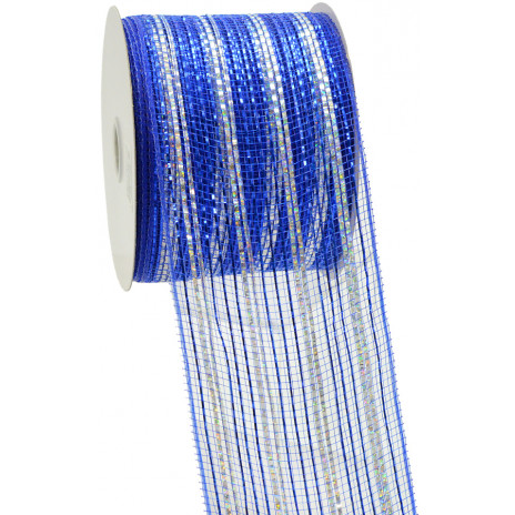 4" Poly Mesh Ribbon: Metallic Blue / Silver Stripes
