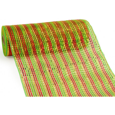 10" Poly Deco Mesh: Deluxe Wide Foil Red/Lime/Gold Stripe