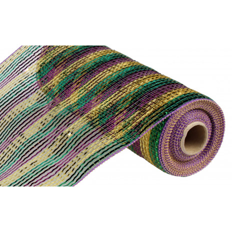 10" Poly Deco Mesh: Deluxe Wide Foil Purple/Green/Gold Stripe