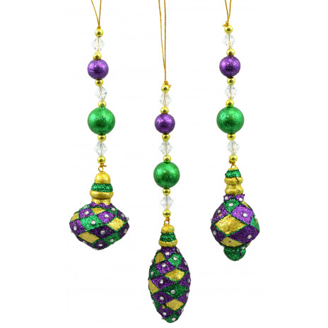 Assorted Mardi Gras Glitter Finial Ornaments (Set of 3)