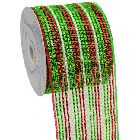 4" Poly Deco Mesh Ribbon: Deluxe Wide Foil Red/Lime/White Stripe