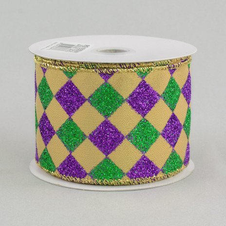 2.5" Harlequin Glitter Diamond Ribbon: Purple, Green & Gold (10 Yards)