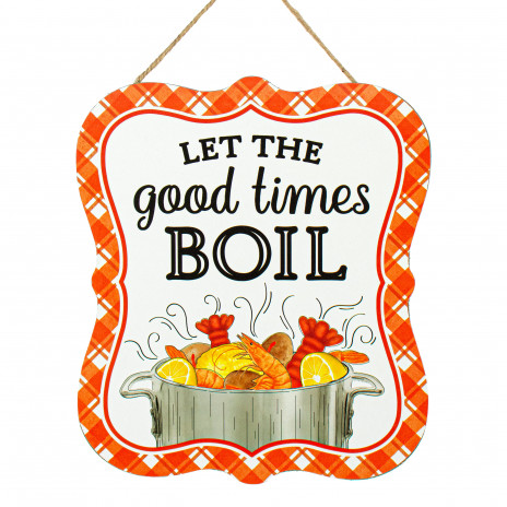 10" Scalloped Wooden Sign: Let the Good Times Boil Crawfish