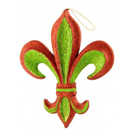 10" Fleur de Lis Ornament: Red & Green Glitter