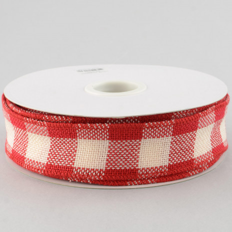 1.5" Faux Burlap Ribbon: Red & Cream Gingham Check (25 Yards)