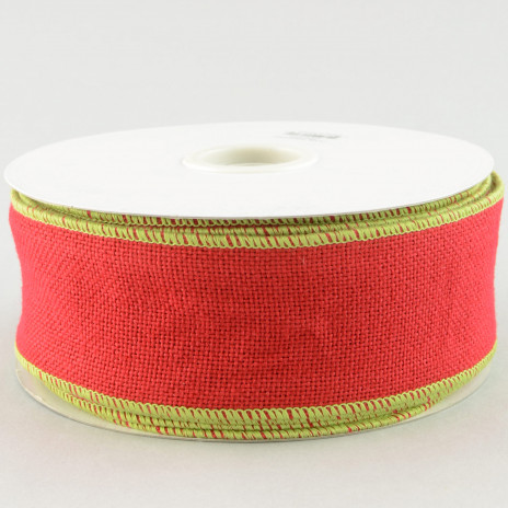 2.5" Faux Burlap Ribbon: Red with Lime Green Trim (25 Yards)