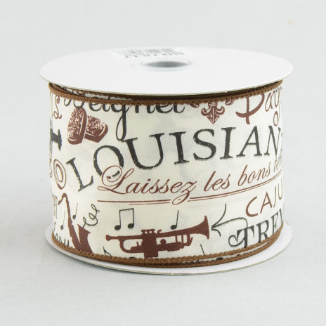 2.5" Ivory Satin Louisiana Cajun Print Ribbon (10 Yards)