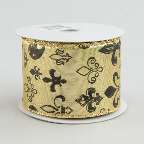 2.5" Gold Lame Fleur De Lis Print Ribbon: Black & Gold (10 Yards)
