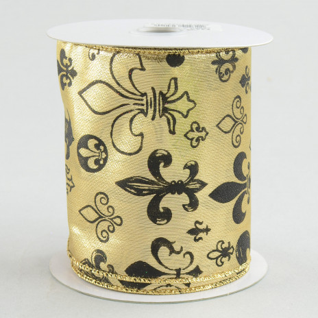 4" Gold Lame Fleur De Lis Print Ribbon: Black & Gold (10 Yards)