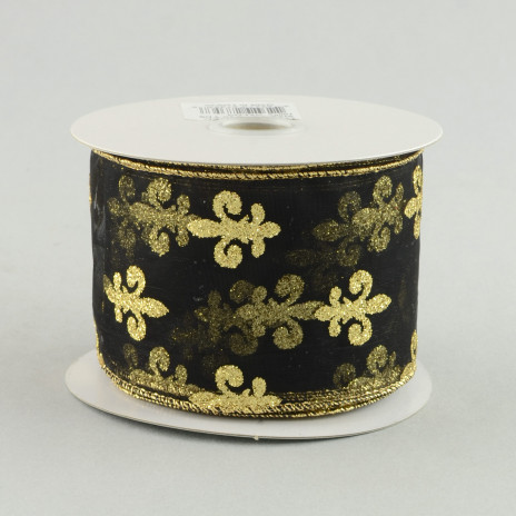 2.5" Fleur De Lis Sheer Ribbon: Black & Gold (10 Yards)