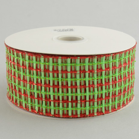 2.5" Basket Weave Mesh Ribbon: Lime/Red Plaid