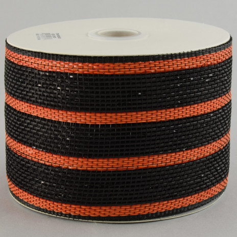 4" Poly Deco Mesh Ribbon: Metallic Black/Orange Stripe