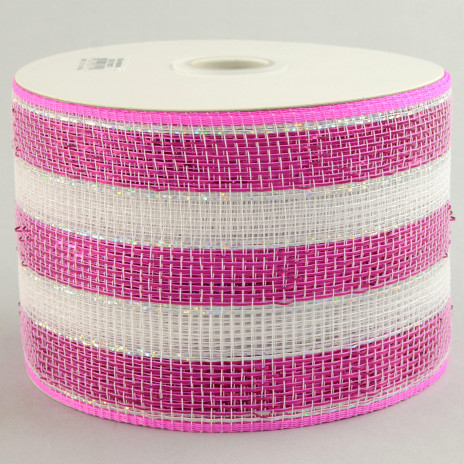 4" Poly Deco Mesh Ribbon: Metallic Hot Pink/White Stripe