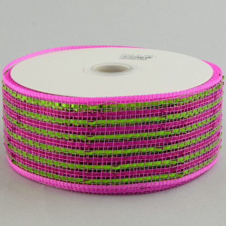 2.5" Poly Deco Mesh Ribbon: Deluxe Wide Foil Lime/Pink Stripe