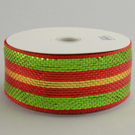 2.5" Poly Deco Mesh Ribbon: Premium Red/Lime/Gold Stripe