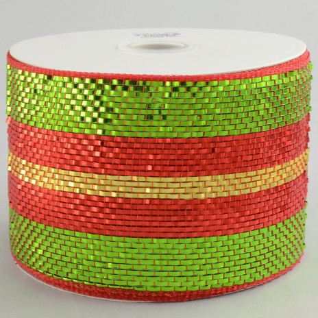 4" Poly Deco Mesh Ribbon: Premium Red/Gold/Lime Stripe