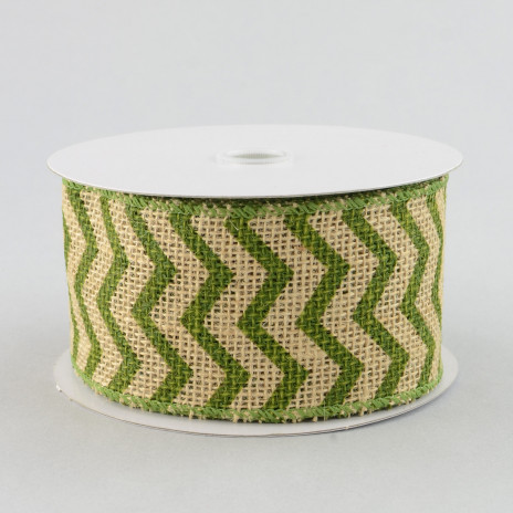 2.5" Natural Burlap With Moss Green Chevron Stripes (10 Yards)